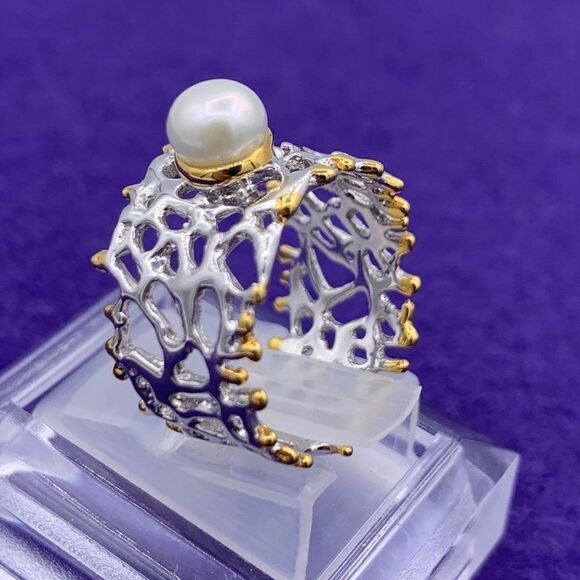 Ring, solid sterling, real pearl, 22 K gold, sz 7,8, cigar band, hand made, NWOT - Picture 4 of 16